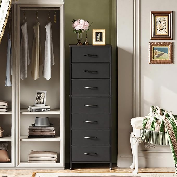 WLIVE Black Tall Dresser for Bedroom, 7 Drawer Dressers & Chests of Drawers, Fabric Dresser for Closet, Living Room, Night Stand with Metal Frame, Storage Tower with Fabric Bins, Wood Top