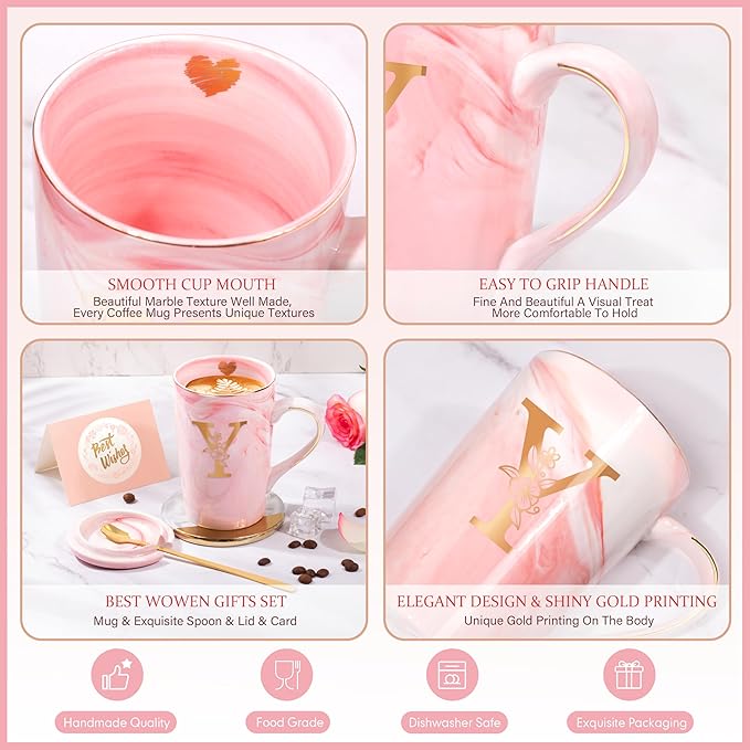 Coffee Mugs - Birthday Gifts for Women, Personalized Initial Customized Mug Tea Cup with Lid 14 Oz Pink, Spoon Greeting Card, Luxury Gift-Boxed Christmas Gift for Her Wife Mom Grandma Friend Unique,Y