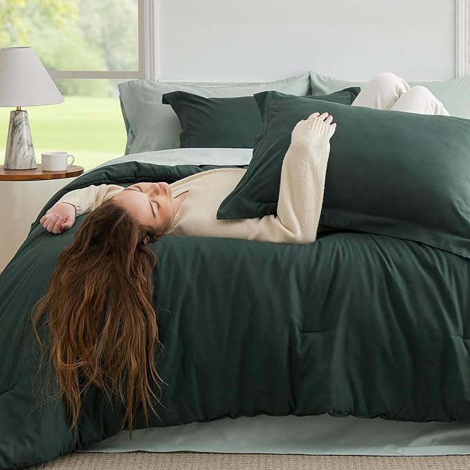 Bedsure Full Size Comforter Set - 7 Pieces Forest Green Full Bedding Set for All Seasons, Boho Contrasting Design Bed in a Bag with Comforter, Sheets, Pillowcases & Shams