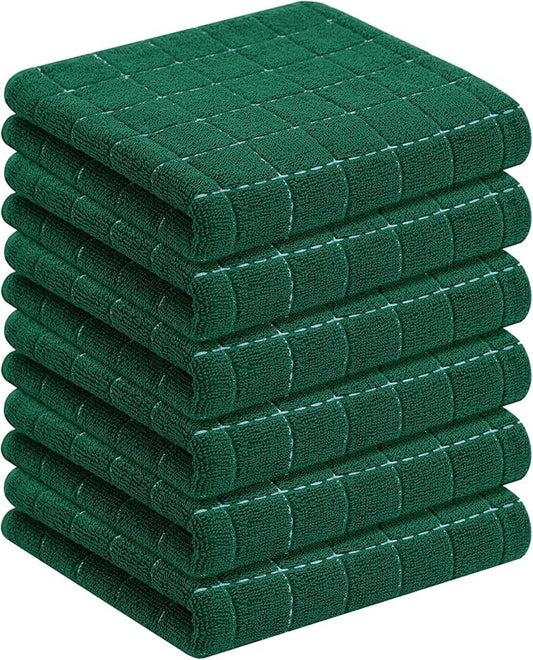 Homaxy 100% Cotton Terry Kitchen Towels(Dark Green, 13 x 28 inches), Checkered Designed, Soft and Super Absorbent Dish Towels, 6 Pack