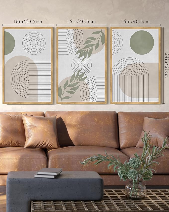 KUVIOKE Green Boho Framed Wall Art Modern Botanical Wall Printing Neutral Geometric Prints Bohemain Sage Decor Ready to Hang 16x24in (Natural Framed)