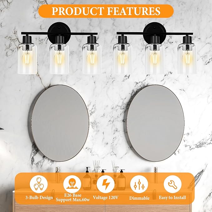 3-Light Black Bathroom Light Fixture Over Mirror, 3-Light Bathroom Vanity Light Over Sink, Black 3 Bulb Wall Light for Mirror