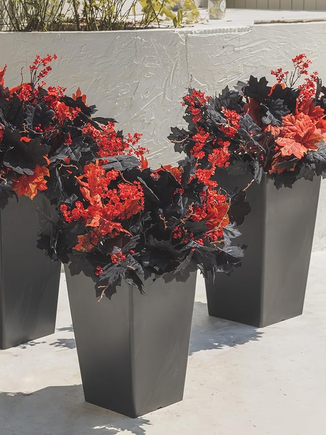 16pcs Fake Plants Outdoor, Halloween Maple Leaves Branch, Autumn Artificial Plants with Black Maple Leaves, Faux Leaves Spray for Halloween Thanksgiving Home Deocr