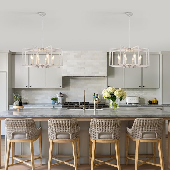 8-Light Antique White Farmhouse Chandeliers for Dining Room, Large French Country Chandelier, Rustic Iron Cage Hanging Light Fixture for Kitchen Island Foyer Living Room Bedroom Staircase