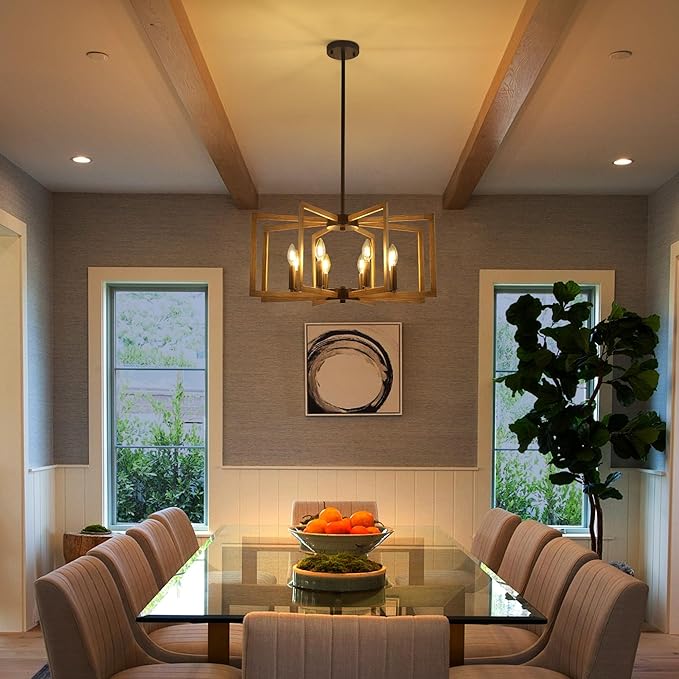 8-Light Modern Farmhouse Chandelier, Vintage Geometric Dining Room Lighting Hanging, Industrial Chandelier for Kitchen Island Entryway Foyer Stairway, Retro Wood Texture and Black Finish