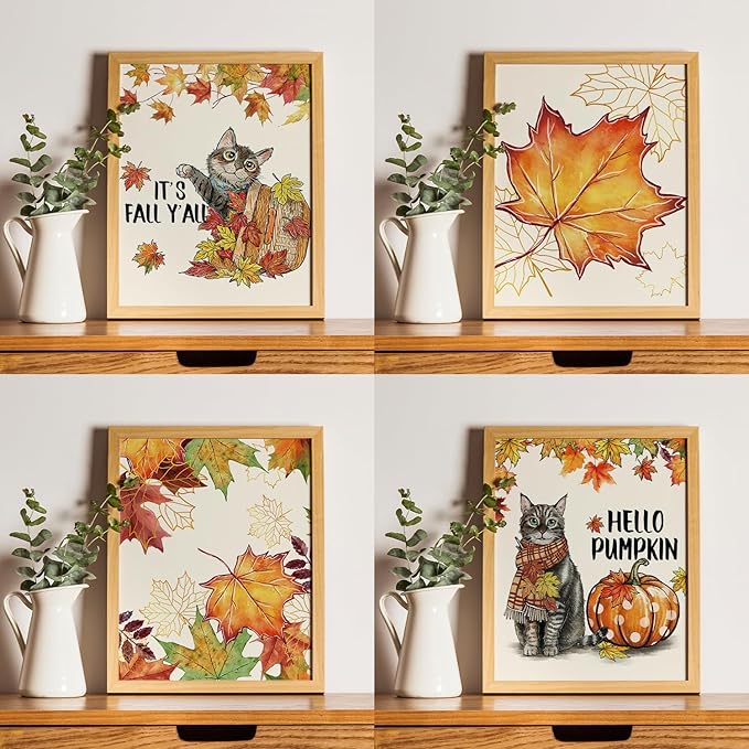 JXREQ Fall Decor Cat Decor Pumpkin Wall Art Prints, Cute Cat Maple Leaves Happy Fall Yall Posters, Rustic Fall Art Prints for Harvest Thanksgiving Kitchen Bedroom Living Room, 8x10 Inch 4Pcs Unframed