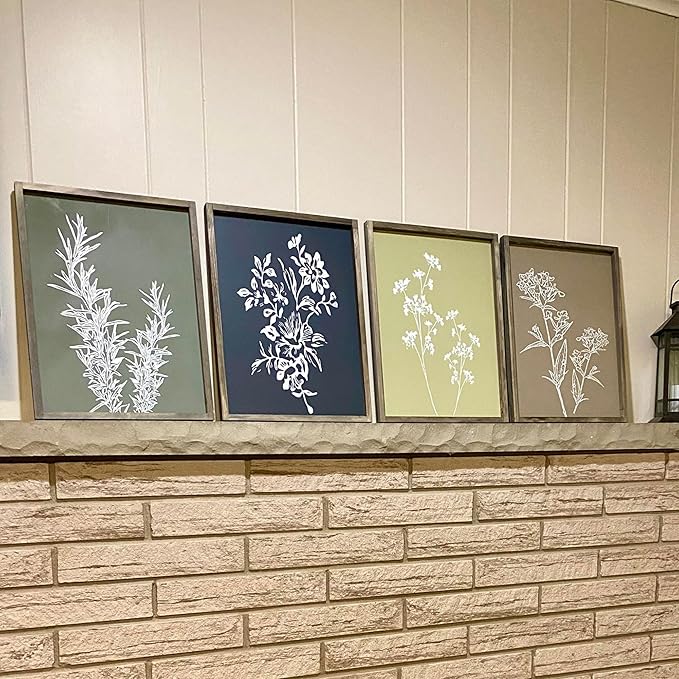 Heiple Framed Wall Art Set of 4 for Boho Home decor Botanical Print Wall Art for Rustic Vintage Farmhouse Wall Decor for Living Room (Grey, 8x10)
