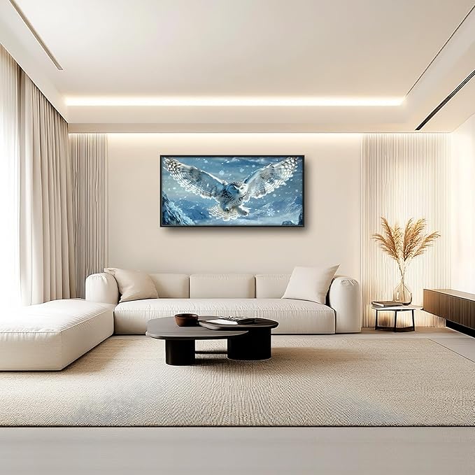 Framed Large Snowy Owl Wall Art for Living Room, Oversized Snowy Mountain Wall Decor Landscape Canvas Painting Modern Artwork Home Decoration for Living Room Bedroom Office 60"x30"