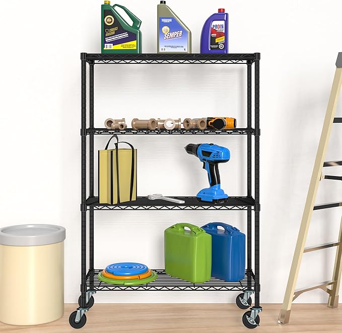 Wire Shelving on Wheels, 4-Tier Metal Rolling Storage Shelves Adjustable Steel Rack Organizer, Standing Wire Industrial Shelving for Kitchen Garage Pantry Office (4-Tier Shelf)