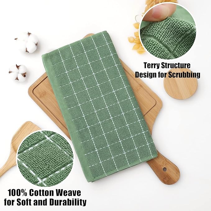 Homaxy 100% Cotton Terry Kitchen Dish Cloths, Ultra Soft and Absorbent Dish Towels for Kitchen, Suitable for Drying and Washing Dishes, 12 Pack, 12 x 12 Inches, Grass Green