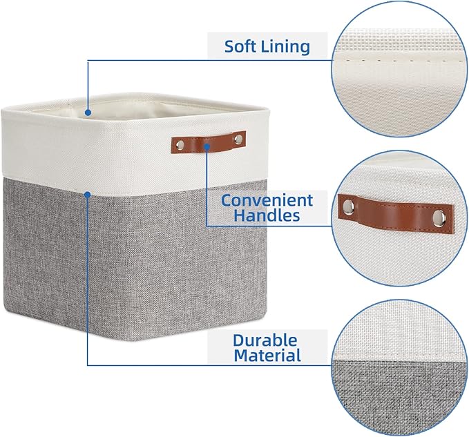 Temary 12 Inch Storage Baskets Foldable Fabric Storage Cubes 4PCs Storage Bins Organizer with Handles, Baskets for Organizing Clothes, Towels (White & Grey, 12 x 12 x 12)