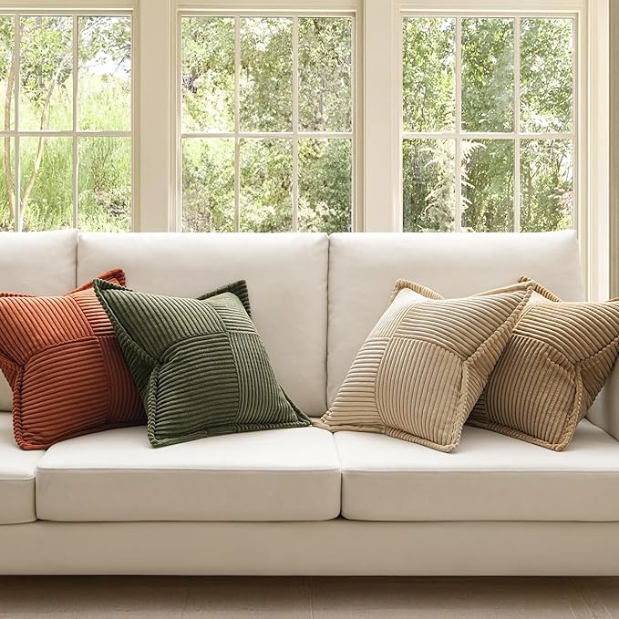 MIULEE Fall Rust-Olive Green Throw Pillow Covers 18x18 Inch 4 Packs Soft Boho Color-Clash Farmhouse Pillow Cases Accent Modern Cushion Cases for Couch Sofa Bed Corduroy Patchwork Home Decor