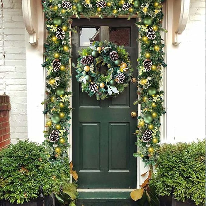 WANNA-CUL Pre-Lit 6 ft/ 72 Inch Christmas Garland with Lights Decoration for Mantle with Green Gold Christmas Ball Ornaments,Battery Operated 30 LED Lights