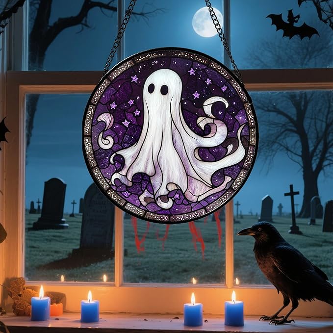 Stained Glass Window Hanging - Halloween Decorations White Ghost Purple Stars Suncatcher for Doors Garden Spooky Funny Sun Catchers Gothic Decor Horror Gifts for Women Men Friend 9.8 in