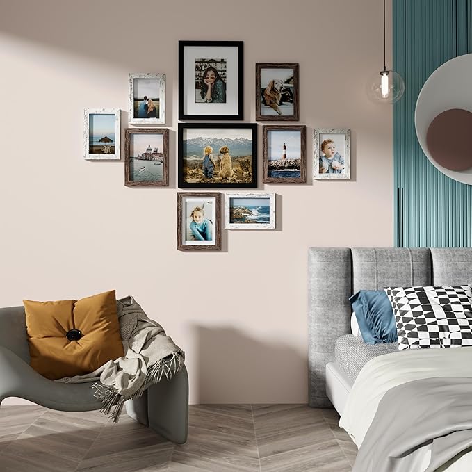 Vittanly 10 Pack Picture Frames Collage Wall Decor, Gallery Wall Frame Set for Wall or Tabletop Display, Multi Sizes with Two 8x10, Four 5x7, and Four 4x6 Photo Frames, Black&Brown&Distressed White