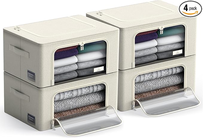 Sorbus Storage Bins with Metal Frame - Stackable & Foldable Clothes Organizer Bags - Oxford Fabric Storage Containers with Large Clear Window & Carry Handles, Bedroom Organization for Bedding & Linen