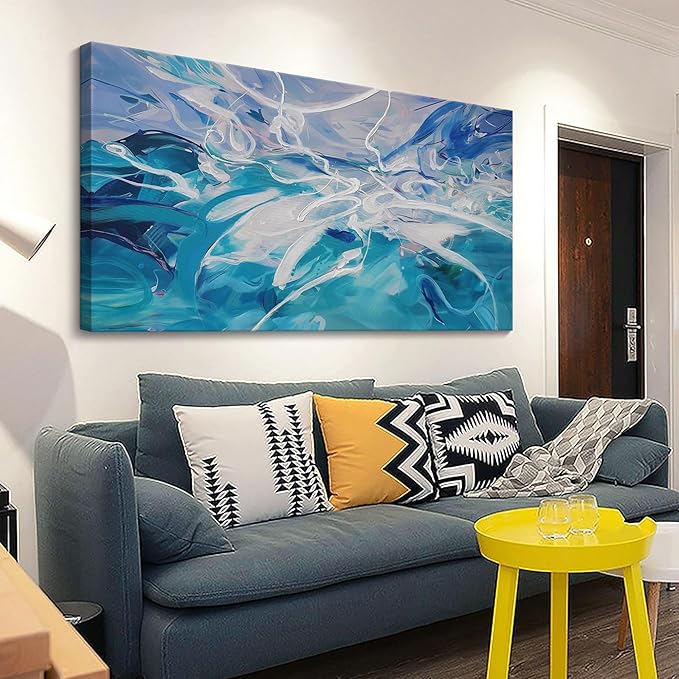 Blue Abstract Wall Art Modern Canvas Wall Paintings White Abstract Art for Living Room Pictures for Bedroom Wall Decor Office Home Decor Framed Artwork for Walls 29×58IN