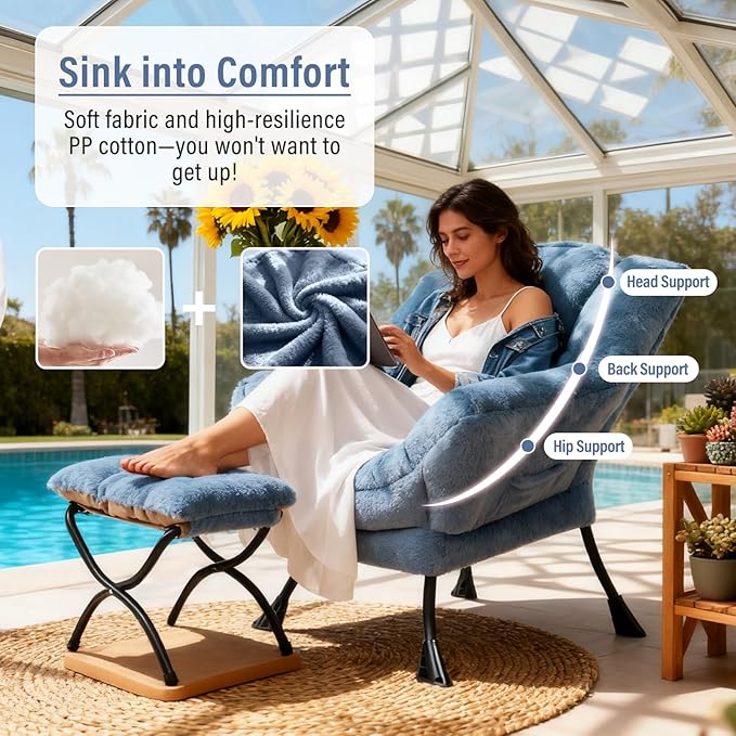 Lazy Chair with Ottoman, Modern Chair with Folding Footrest, Lounge Accent Chair, Comfortable Reading Chair (Plush Light Blue)