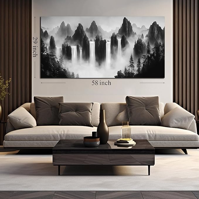 Mountain Canvas Wall Art for Living Room Large Size Black and White Pictures for Wall Waterfalls Wall Art for Office 29 x 58 Inches