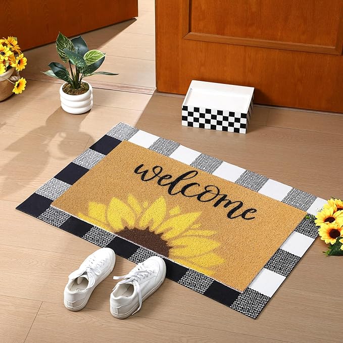 2 Pcs Fall Door Mat Sunflower Welcome Non Slip Coir Mats Autumn Floral Buffalo Plaid Floor Layering Doormats for Home Front Door Porch Entryway Decor