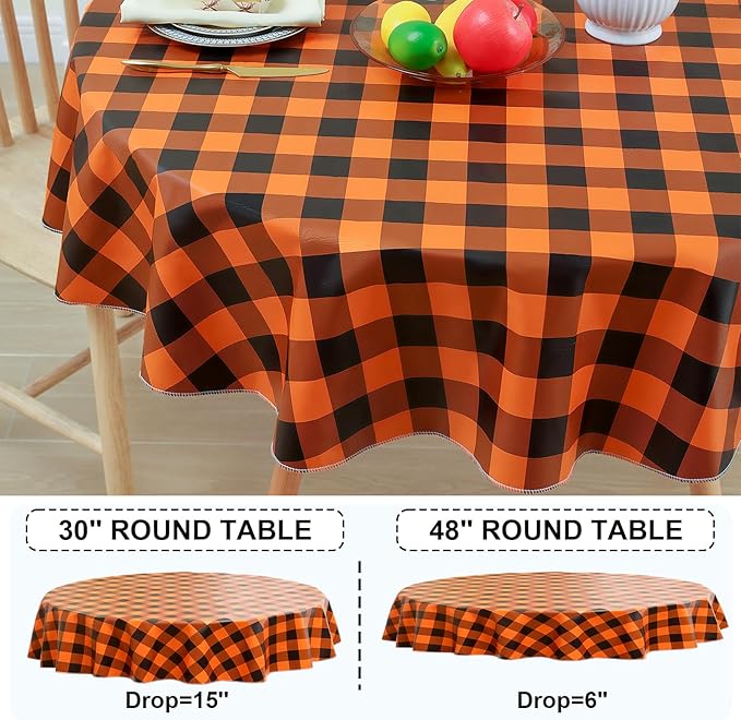misaya Round Waterproof Vinyl Table Cloth, Buffalo Flannel Backed Tablecloth, Wipeable Plastic Table Cover for Fall, Halloween (60", Orange and Black)