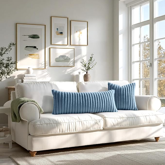 MIULEE Faux Fur Large Decorative Throw Pillow Covers 24x24 Inch Set of 2, Coastal Modern Art Home Decor Soft Plush Couch Pillows Cozy Fluffy Cushion Covers for Sofa Bed Grey Blue