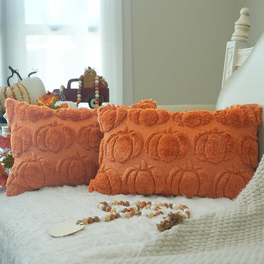 GEEORY Fall Pumpkins Soft Plush Pillow Covers, 12 x 20 Inch Set of 2, Fluffy Faux Fur Wool Decorative Farmhouse Cushion Case for Sofa Home Decoration Orange Pumpkin GC021-12