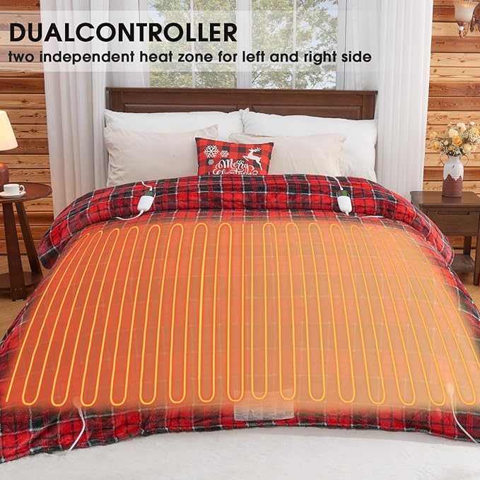 Heated Blanket Electric, Queen Size 84X90, Heating Blanket with 10 Heating Levels/8 Hours Auto Off/Dual Control for Bed, Red Checkered Sherpa Blankets Warmer for Adults, Christmas Blankets, ETL & FCC