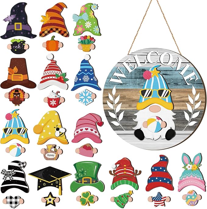 Qunclay Interchangeable Wooden Gnome Decor Holiday Seasonal Gnome Decorations with Magnet Pieces and Detachable Hats Changeable Welcome Sign for Home(Cute Style)