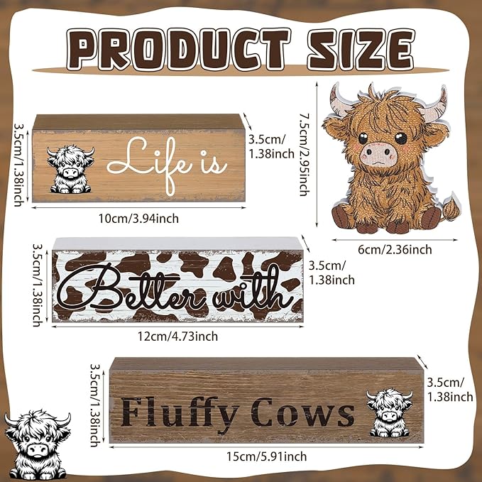 Geelin 4 Pcs Highland Cow Table Decorations Cow Wooden Signs Rustic Tiered Tray Decor Western Tabletop Centerpieces Farmhouse Highland Decor for Home Desk Room Kitchen Shelf