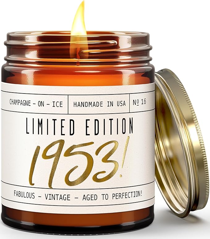 72nd Birthday Gifts for Women - 'Limited Edition 1953' Soy Candle, w/Champagne on Ice I 72 Birthday Gifts for Women I 72nd Birthday Gift for Her Ideas I 9oz Reusable Jar, 50Hr Burn, Made in USA