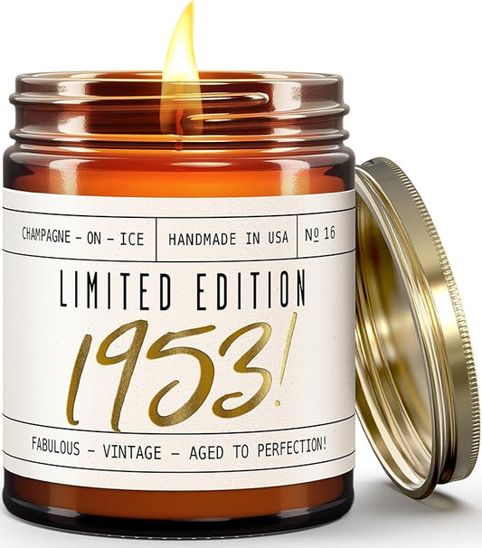 72nd Birthday Gifts for Women - 'Limited Edition 1953' Soy Candle, w/Champagne on Ice I 72 Birthday Gifts for Women I 72nd Birthday Gift for Her Ideas I 9oz Reusable Jar, 50Hr Burn, Made in USA