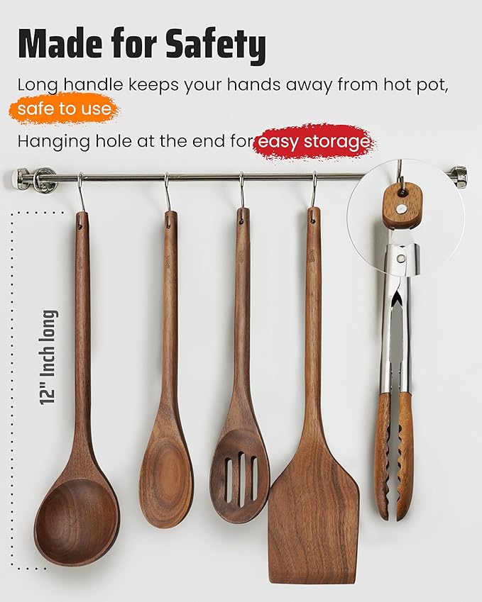Elegant 5-Piece Walnut Wood Kitchen Utensil Set – Non-Scratch, Heat-Resistant Cooking Utensil Set with Kitchen Tongs, Spoons, Spatula & Ladle – Lightweight, Durable & Perfect for Daily Use or Gifting