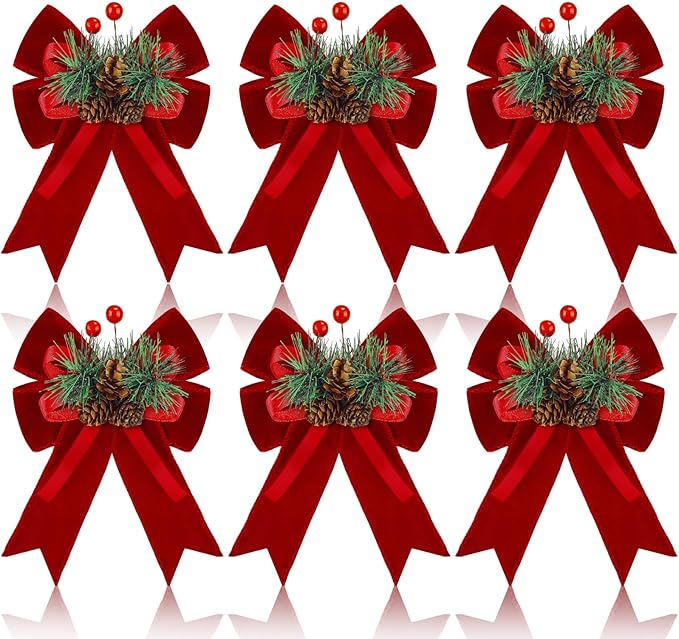 Syhood 6 Pcs Christmas Velvet Bow with Pine Cones Pine Needles Berries Xmas Wine Red Ribbon Bow Ornaments 6.3 x 5.1 Inch for Christmas Tree Wreath Garden Fireplace Crafts DIY Decor