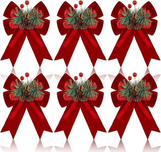 Syhood 6 Pcs Christmas Velvet Bow with Pine Cones Pine Needles Berries Xmas Wine Red Ribbon Bow Ornaments 6.3 x 5.1 Inch for Christmas Tree Wreath Garden Fireplace Crafts DIY Decor