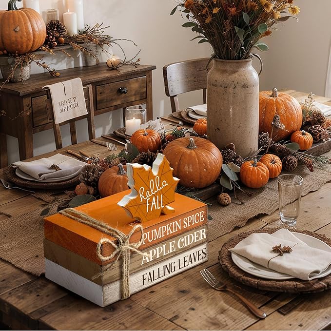 4 Pcs Fall Decorations for Home Fall Tiered Tray Decor Thanksgiving Wood Book Stack with Sign Autumn Stacked Book Decor Bundle for Office Table Shelf Decorative Trays(Maple Leaf)