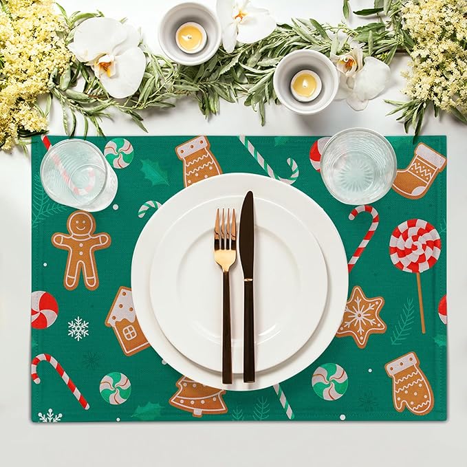 Gingerbread Placemats 12×18 Inches Set of 4 Holiday Green Indoor Kitchen Dining Table Place Mats for Home Party Decoration