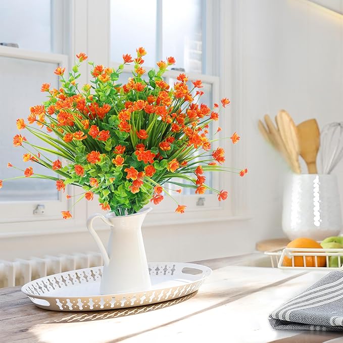 Sggvecsy Artificial Fall Flowers for Outdoors 12 Bundles UV Resistant Boxwood Shrubs Fake Plants for Autumn Harvest Thanksgiving Farmhouse Garden Home Indoor Outdoor Decoration(Orange)