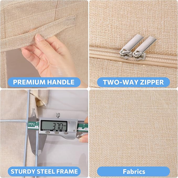 3Pack Foldable Storage Bins - Frame Storage Box Linen Fabric Stackable Clothes Container Organizer with Clear Window & Carry Handles Large Capacity (Extra Large-100L, Beige)
