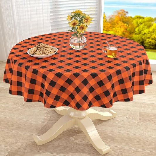 misaya Round Waterproof Vinyl Table Cloth, Buffalo Flannel Backed Tablecloth, Wipeable Plastic Table Cover for Fall, Halloween (60", Orange and Black)
