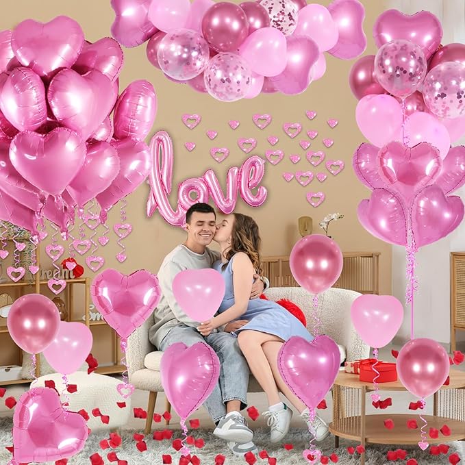 Pink Valentines Day Decorations with Heart Balloons and Love Balloon, Fake Rose Petals for Wedding Decor, Anniversary Decorations Romantic with Pink Latex Balloons and Heart Hanging