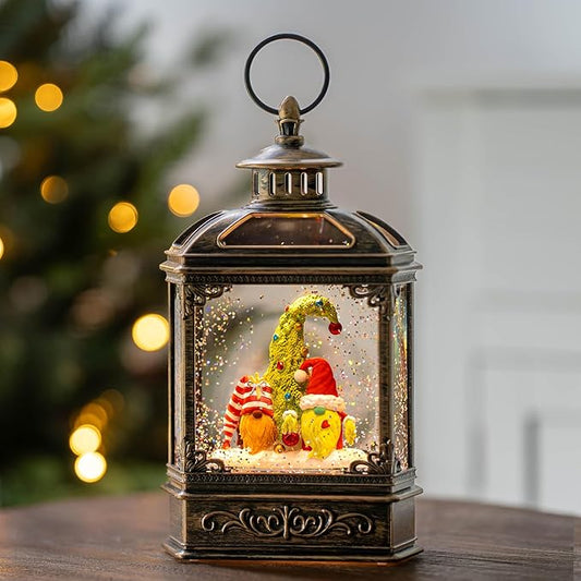 Christmas Snow Globe Lantern Water Glittering Gnomes Scandinavian Santa Elf with Music, USB Lined/Battery Operated Lighted Lantern for Christmas Festival Decoration Gifts