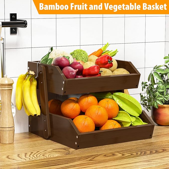 Bamboo Fruit Basket for Kitchen – 2 Tier Fruit Bowl For Kitchen Counter, Large Fruit Holder With 2 Banana Hangers, Idea For Fruit and Vegetable Storage, Bread Basket, Snack Organizer(WALNUT)