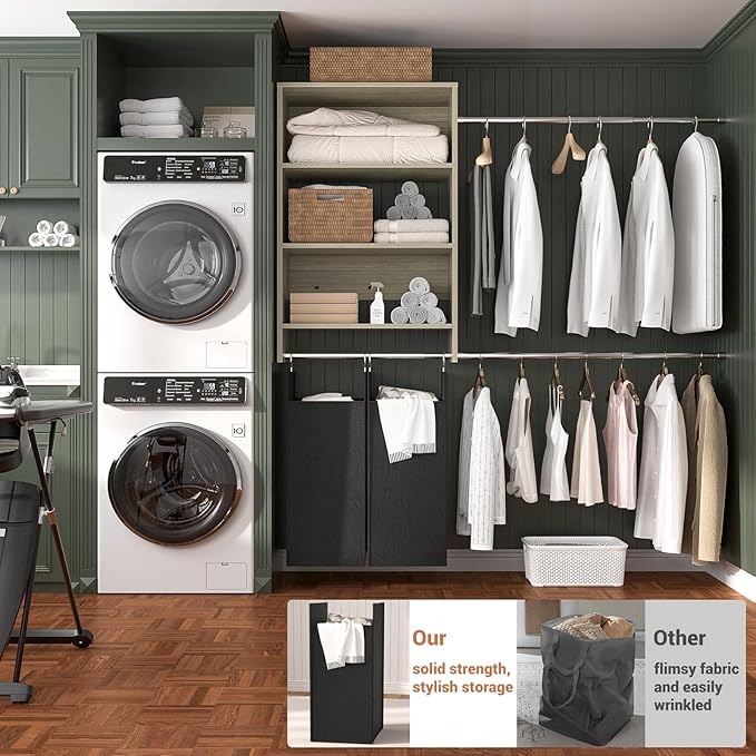 Hanging Closet System with 2 Laundry Hampers, Wood Closet Organizer System with Towers and Hanging Rods, Fits 2-10 Ft. Wall Mounted Closet Systems for Walk-in Closet, Laundry Room, Grey