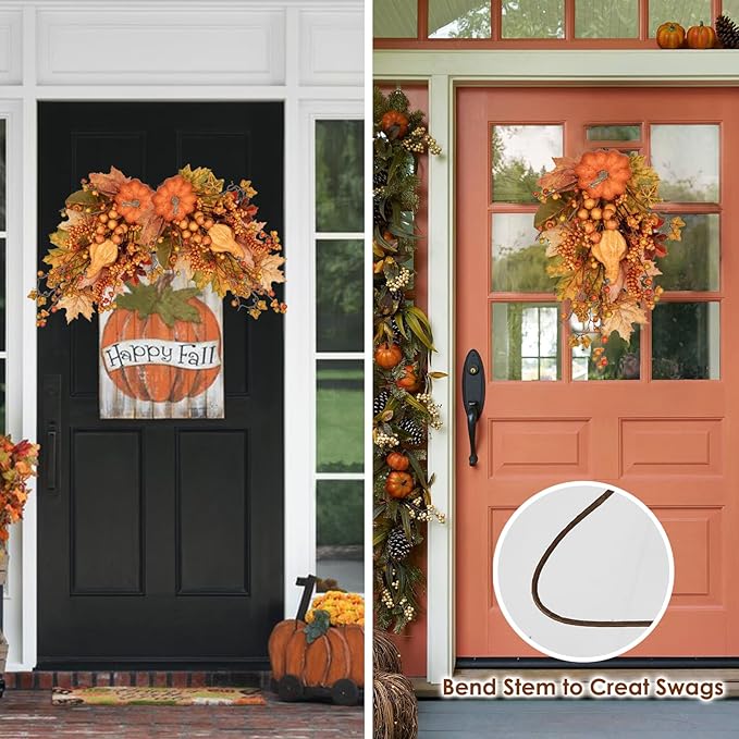 31.5" Artificial Fall Leaf Stems Autumn Leaves Decor, Fall Pumpkin Decorations for Home, 2 Pcs Artificial Berry Maple Leaf Floral Arrangement Long Stems Branches for Festival Vases Centerpieces Swags