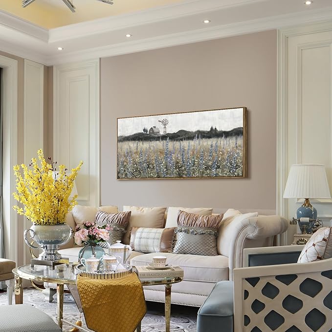 Framed Canvas Wall Art for Living Room Rustic Farmhouse Scenery Vintage Countryside Windmill Barn Picture Nature Wilderness Landscape Wildflower Field Meadow Print Painting Retro Artwork 48"W x 24"H