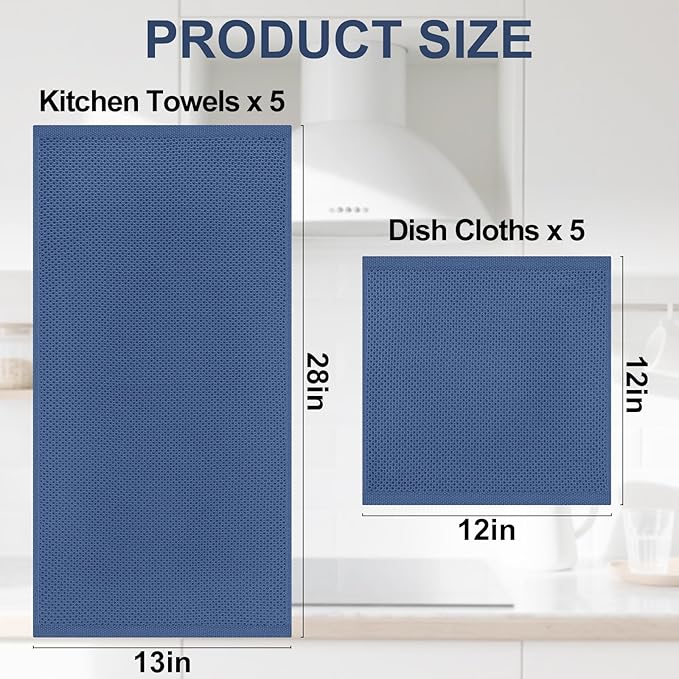 Homaxy 100% Cotton Kitchen Towels and Dishcloths Set, 12 x 12 Inches and 13 x 28 Inches, Set of 10 Bulk Kitchen Towels Set, Ultra Soft Absorbent Dish Cloths for Washing Dishes, Navy Blue