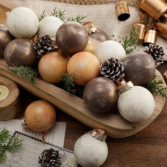 24 Pcs Neutral Textured Christmas Ball Ornaments 2.36'' Vintage Christmas Tree Decor Modern Rustic Brown Ornaments with Loop Shatterproof Hanging Ball for Xmas Farmhouse Decor (Light Brown)