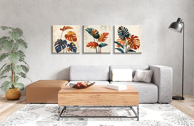 NAN Wind 3Pcs Modern Mid-century Abstract Tropical Monstera Leaf Canvas Art Orange and Blue Botanical Wall Print Minimalist Wall Decor Tropical Leaves Framed Wall Art for Contemporary Home Decor
