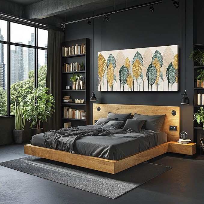 CHUDANHAO Green Canvas Artwork Gold Leaves Painting Beige Art Modern Wall Decor for Office Living Room Neutral Wall Art 29"x58" Print Photos